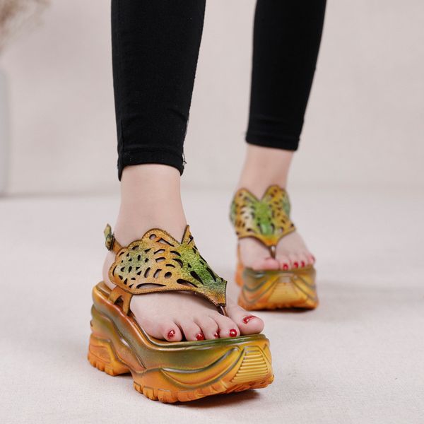 

d knight elegant women shoes platform high heels bohemia sandals pattern genuine leather floral ankle strap wedges heels sandals, Black