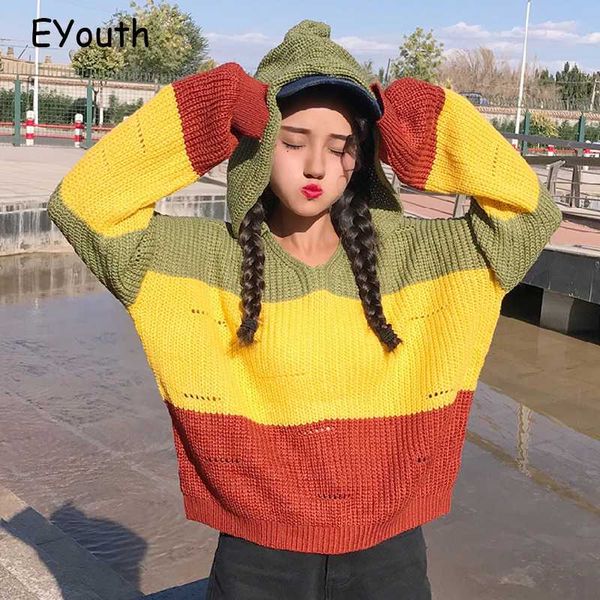 

harajuku women sweaters autumn korean style hole stripe hooded sweaters casual loose knitted sweater women clothes pullovers, White;black