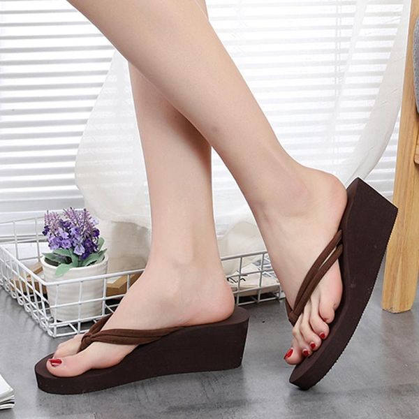 

wedges slippers shoes woman flip flops solid color non-slip feet flip-flops high-heeled wedges beach platform sandals soft a50, Black