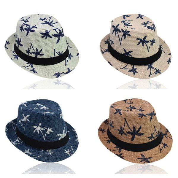 

взрослый детский летний стро плетение вс hat parent-child tropical coconut tree printed короткие вьющиеся брим ретро джаз ковша 4, Blue;gray
