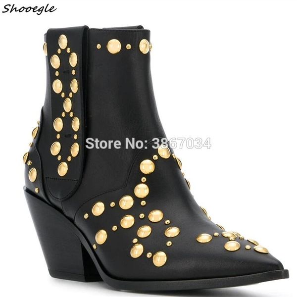 

shooegle zapatos mujer women gold rivets studs ankle boots pointed toe cuban heels slip on punk shoes fall winter boots, Black