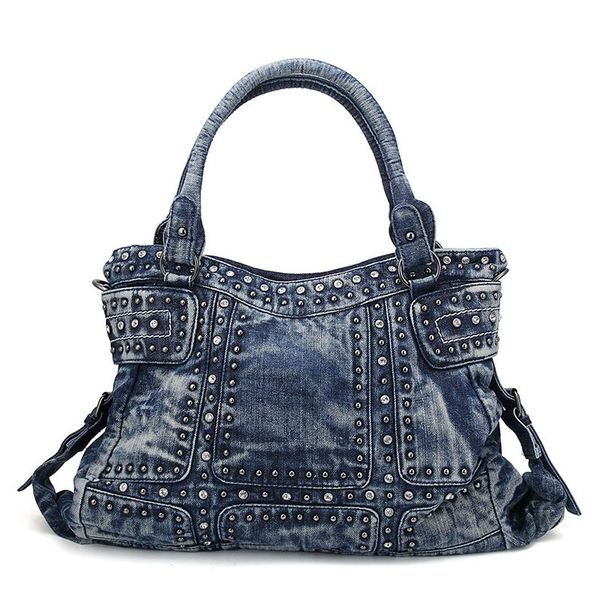

vintage motorcycle fashion women denim tote bags diamond rivet jeans female handbags ladies shoulder bag casual bolsa feminina