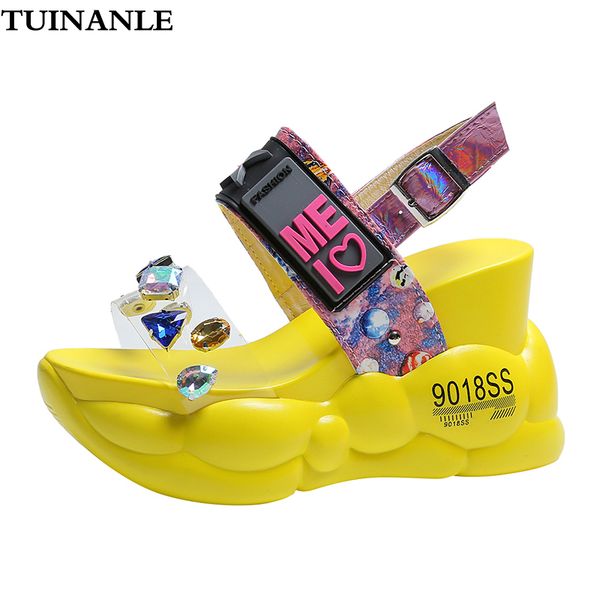 

tuinanle platform sandals women 2020 chunky red high heels white summer fashion transparent increase wedge rhinestone sandals, Black