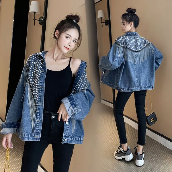 

autumn denim jacket coat women rivet tassel chain short coats woman loose streetwear long sleeve black coats abrigo de mujer, Black;brown