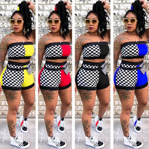 

women two piece outfits strapless tracksuit sets summer panelled plaid crop slim bodycon shorts with sashes suits clothing