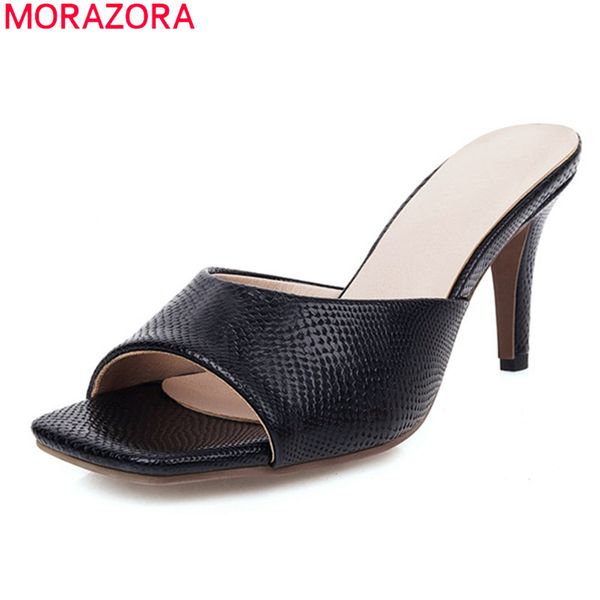 

morazora 2020 new arrival high heels ladies shoes summer solid color square toe women slippers party shoes black yellow red