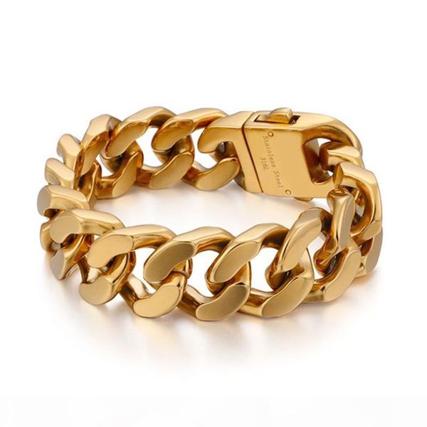 

20mm wide heavy gold biker bracelet men snap button mens jewellery titanium steel gold filled men's curb cuban chain bracelets bangles, Black