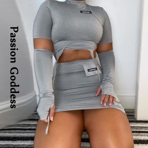 

women 2 piece irregular suits gray outfits asymmetrical cropped shirt sleeve glove high waist bodycon skirts two piece sets x0923