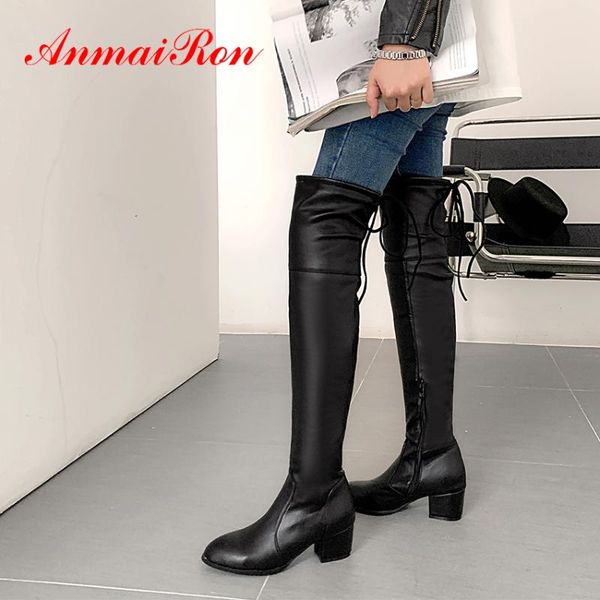 

anmairon winter pu lace-up thigh high boots square heel round toe over the knee high boots solid short plush zipper women, Black