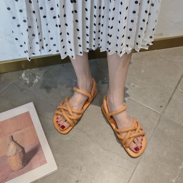 

straw rope sandals female 2020 summer new out wearing net red flat bottom two-wear beach sandals and slippers slippers, Black