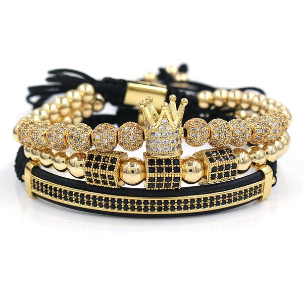 

3 pieces set of men's bracelet luxury charm gold beads stainless steel bracelet evil eye crown cz zircon couple jewelry jewelry, Black