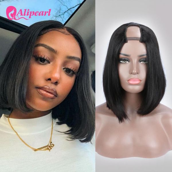 

lace wigs alipearl hair straight u part bob wig brazilian human for black women glueless pre plucked shape 180% density, Black;brown
