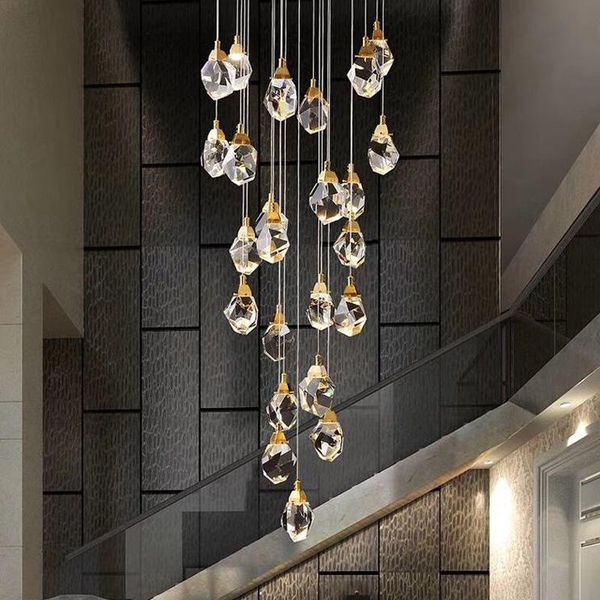 

all-copper staircase led chandelier lights post-modern atmosphere light luxury crystal pendant lamps duplex building lobby spiral staircase