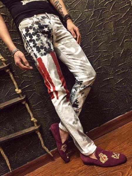 

men's jeans 28-38 personality clothing colored drawing print slim all-match male skinny pants singer costumes, Blue
