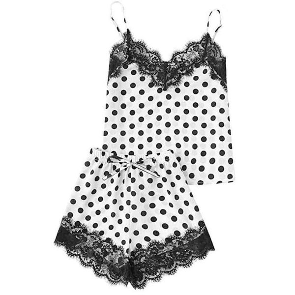 

women's sleepwear fashion girls cute lace embroidered silk dot underwear and shorts pajama set lingerie femme jartiyer lenceria /x, Black;red