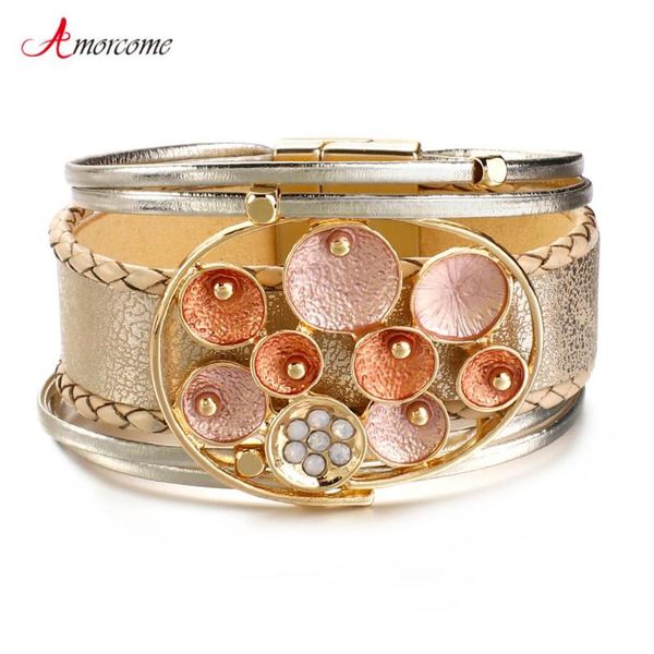 

amorcome exaggerated big metal enamel charm leather bracelet for women multilayer wide wrap bracelets bangles fashion jewelry, Golden;silver
