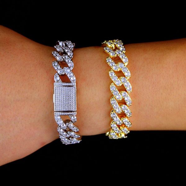 

15mm heavy miami cuban link chain bracelet 5a cz paved full iced out cubic zirconia bling bling hiphop jewelry for boy men, Golden;silver