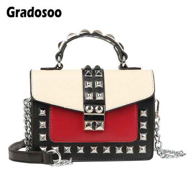 

gradosoo rivet flap bags women panelled shoulder bags for women leather mini female chain design small fashion hmb644