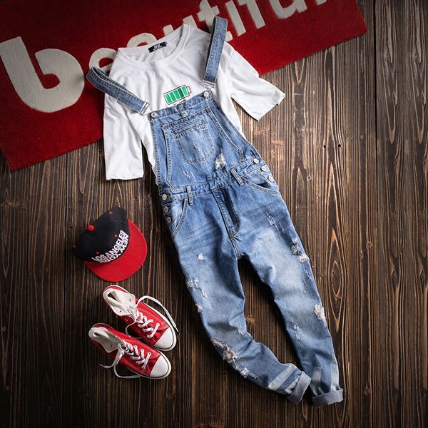 

new vintage denim bib pants men water wash one piece tooling strap pants denim trousers overalls men ripped jeans jumpsuit, Blue