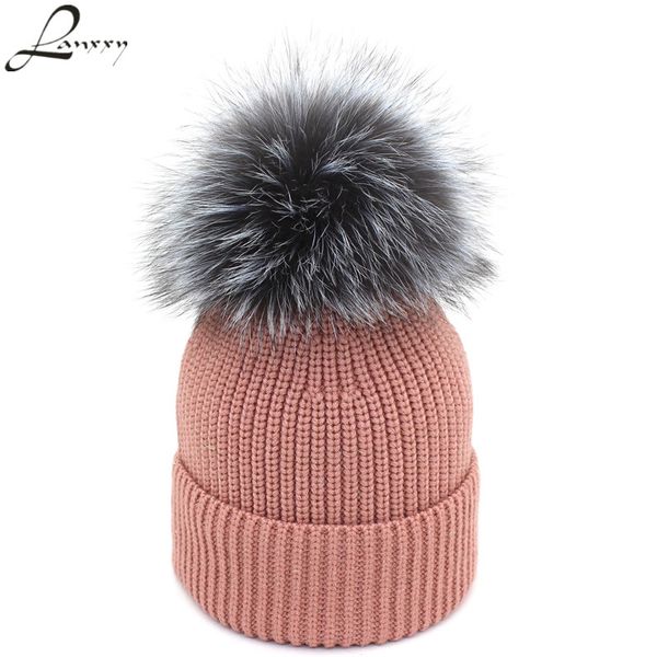 

lanxxy 2020 new silver fur pompom beanies winter hats for women knitted skullies cap bonnet gorro girls hat, Blue;gray