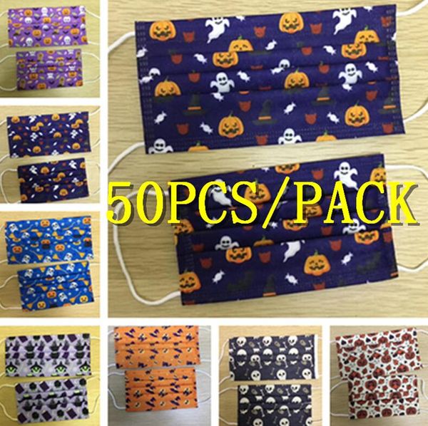 

50pcs/pack kids adults disposible face masks 3 layers non-woven facemasks hallooween pumpkin ghost multi colors cartoon mouth cover e9304, Blue