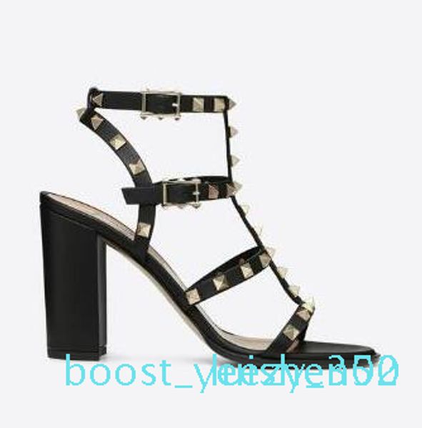 

designer pointed toe studs patent leather rivets sandals women studded strappy dress shoes valentine 10cm 6cm high heel shoe b35, Black
