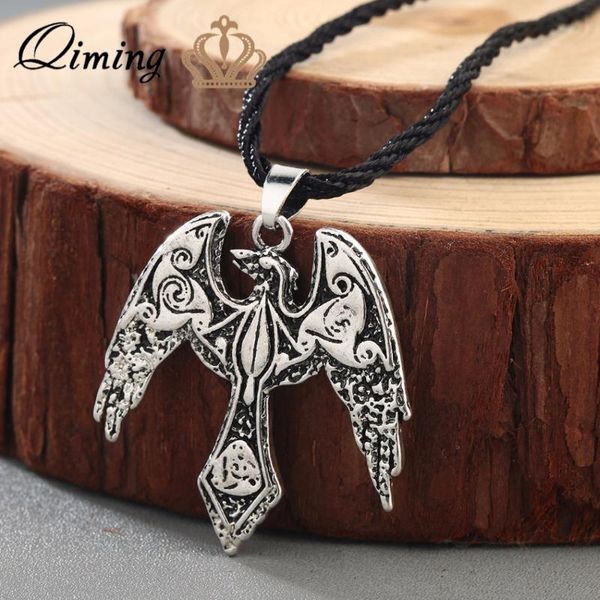 

qiming nordic totem animal retro necklace men jewelry eagle falcon raven pendant slavic odin viking amulet women necklace gift, Silver