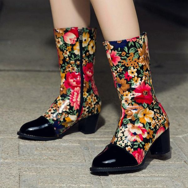 

female flower round toe sewing zipper high heels mid calf boots fashion boots women brand classic winter shoes woman, Black
