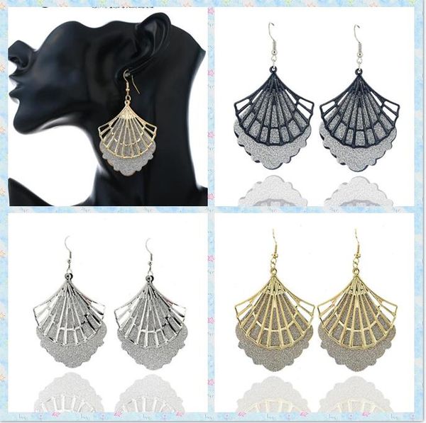 

2020 nightclub rock and roll exaggerated earrings gold silvery black retro frosted fan shaped hollow long earrings 75mm*41mm, Silver