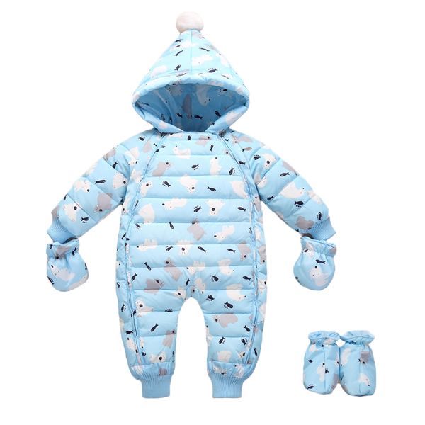 

3pcs set baby romper and glove foot cover windproof winter down jumpsuit for children baby girl boy overalls for infant clothes, White
