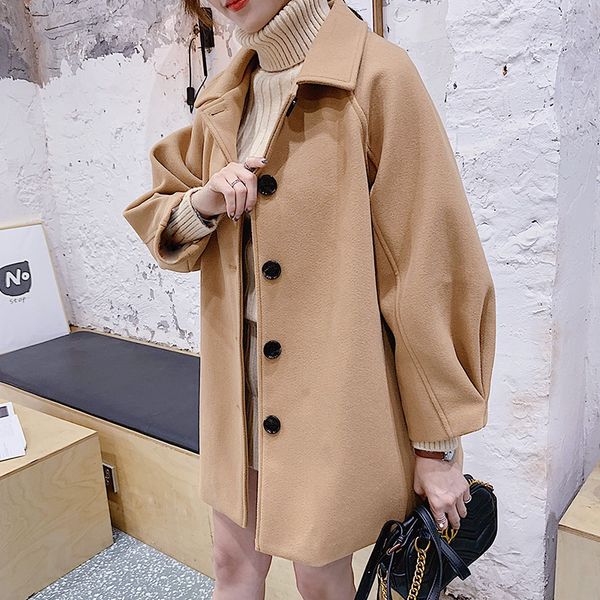 

2020 korean women's woolen coat fashion jacket female autumn and winter solid color loose long section ladies coat fashion top, Black