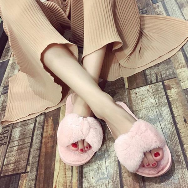

women plush home slippers winter warm shoes woman slip on flats cute bowkont female platform slides plus indoor floor shoe, Black