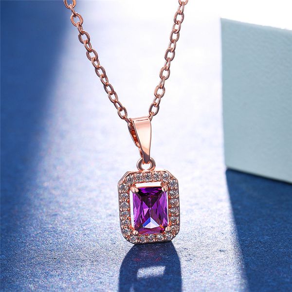 

simple female rasinbow zircon stone necklace rose gold color wedding necklace cute crystal square pendants necklaces for women, Silver