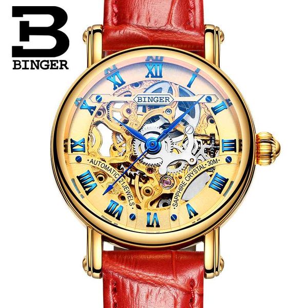 

binger automatic watches couple watch skeleton women watch new fashion ladies dress clock men wristwatch b-5066m, Slivery;brown