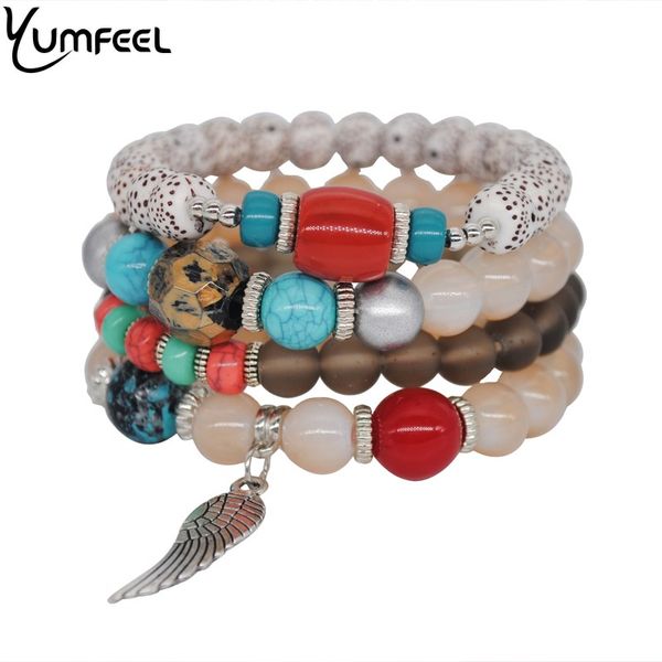 

yumfeel bohemian beaded bracelet ethnic multilayer frosted acrylic charm feather bracelet & bangle elastic fashion women jewelry, Black