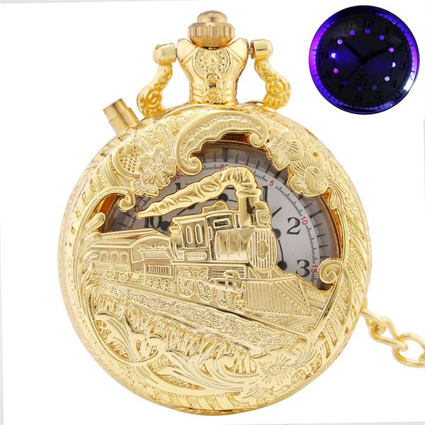 Bronze/Silber Gold Steampunk Uhren Lokomotive 3D Zug Design Männer Frauen Analog Quarz Taschenuhr Anhänger Kette Uhr mit LED Zifferblatt Weihnachtsgeschenk