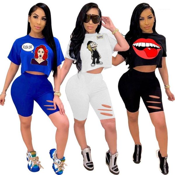 

sets cartoon print hole designer tracksuits women summer 2pcs running suits pullover short short pants clothing, Gray