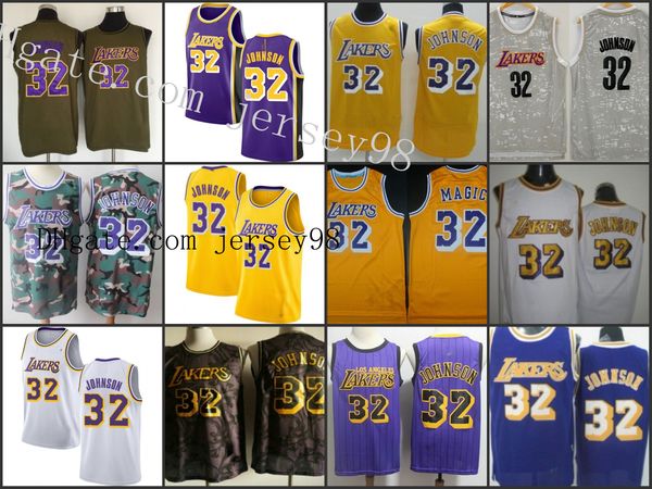 

los angeles laker men #32 magic johnson yellow nba men white jersey, Black