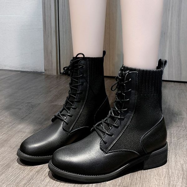 

shoes summer boots women round toe boots-women luxury designer booties woman 2020 low heel mid calf rock rubber elegant, Black
