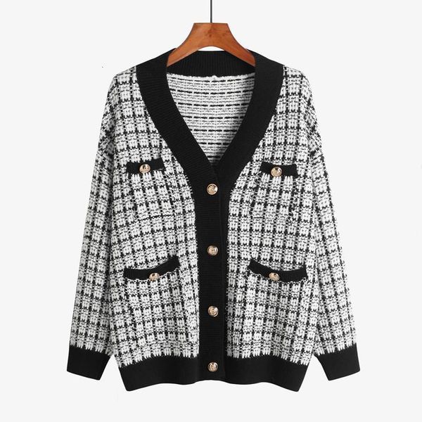 

women sweater jacket 2020 oversized knitted cardigans loose plaid jumpers korean clothing robe long coat sueter feminino, White;black