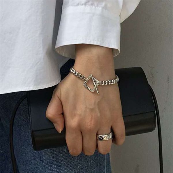 

aomu 2020 new fashion gold silver color bangle punk thick chain square ot buckle bracelet for women men jewelry party, Black