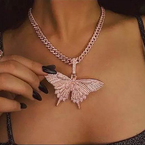 

2020 iced out sparking bling cz cuban pink pinky women choker jewelry 5a cz tennis chain hip hop rock butterfly necklace, Silver
