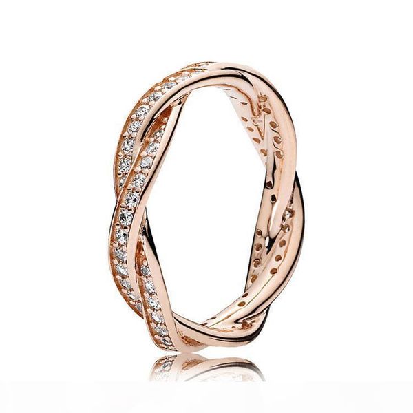 

18k rose gold sparkling twisted lines ring for pandora 925 sterling silver women wedding rings sets with original, Slivery;golden
