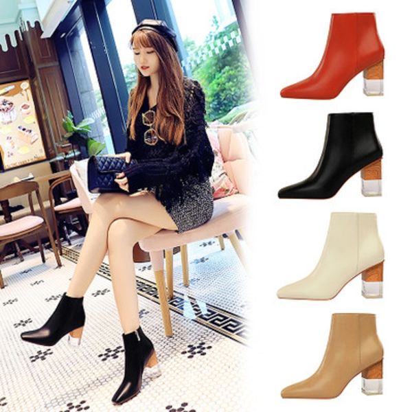 

boots winter ladies fashion booties comfortable simple metal thick with high-heeled elastic pointed nightclub women's, Black