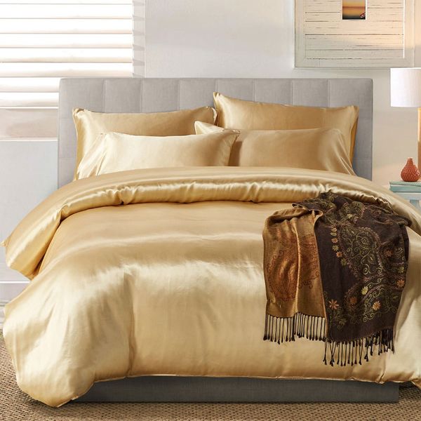 

gold silk 3pcs bed sheet sets fitted flat sheets twin double queen king bedding sets teenager kids boys girls quilt cover bed pillowcases