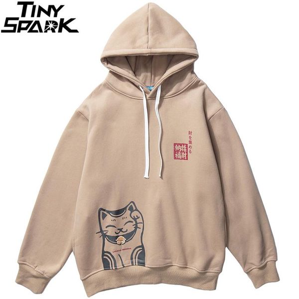 

2020 hip hop streetwear hoodie lucky cat mens harajuku hoodie sweatshirt fortune cat autumn winter fleece pullover cotton, Black