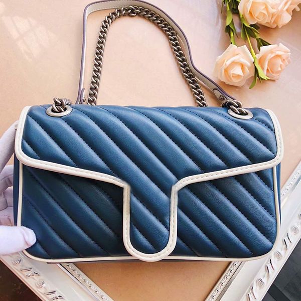 Bolsos De hombro Marmont para mujer, bolsos De cuero auténtico azul, bolso cruzado para mujer, cartera con cadena, Bolsas De Diseño De Lujo De La Marca