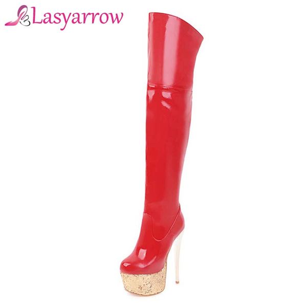 

boots lasyarrow women's stiletto black red patent leather shoes woman thin high heels thigh botas mujer