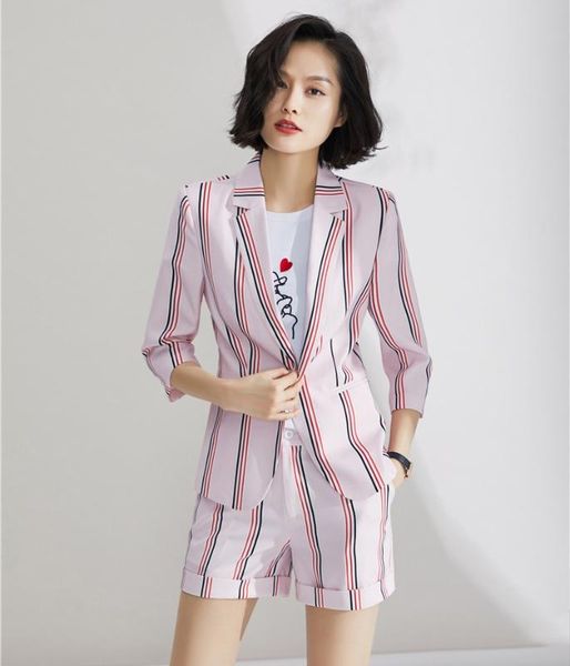 

new 2020 fashion ladies casual blazer women business suits shorts and jacket sets office uniform styles pink striped, White