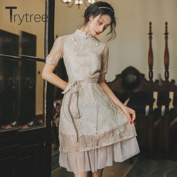 

trytree 2020 summer women's dress casual mandarin collar polyester a-line dress short sleeve knee-length office ladies, Black;gray